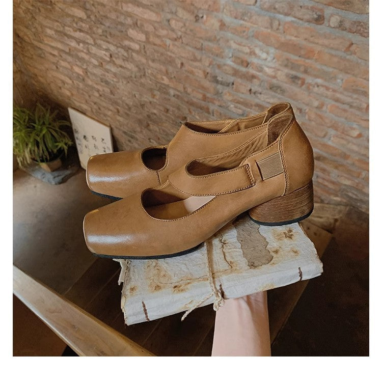 2025 Washed cowhide~ Retro leather square head pig nose thick heel single shoes women's British style small leather shoes medium heel ballet shoes