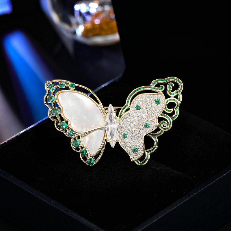 2025 Light luxury retro micro-inlaid zircon oil drop butterfly brooch temperament natural fritillary hollow pattern flower butterfly pin female