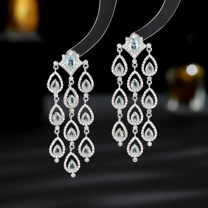 2025 Light luxury high-end water drop zircon fringed earrings femininity elegant bridal banquet dress versatile fashion earrings
