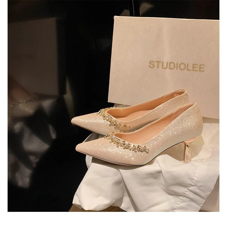 2025 Sheepskin version~ New sparkling rhinestone silk temperament small pointed tip thin heel shallow mouth wedding shoes high heels women's shoes