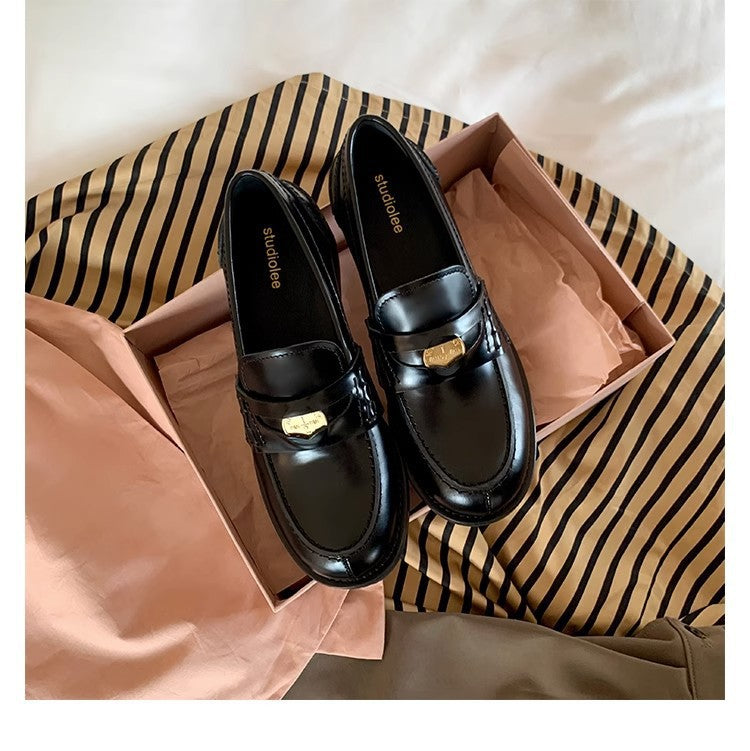 2025 Cowhide version~ Xingshengda shoes make old horse leather retro polished small gold coins thick heel loafers women's small leather shoes