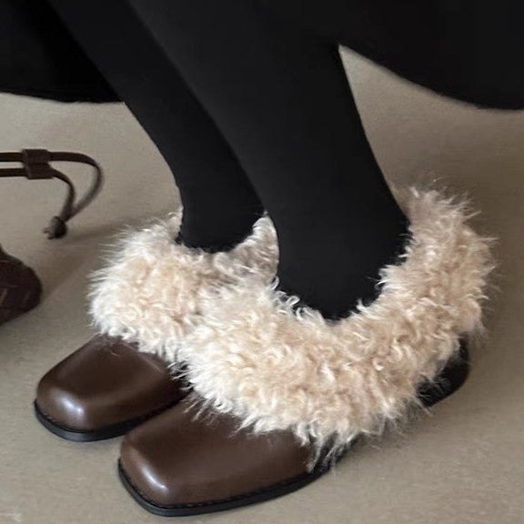 2025 Cowhide version~ Square head one-pedal retro velvet warm Mary Jane small leather shoes cotton shoes thick heel single shoes fluffy shoes