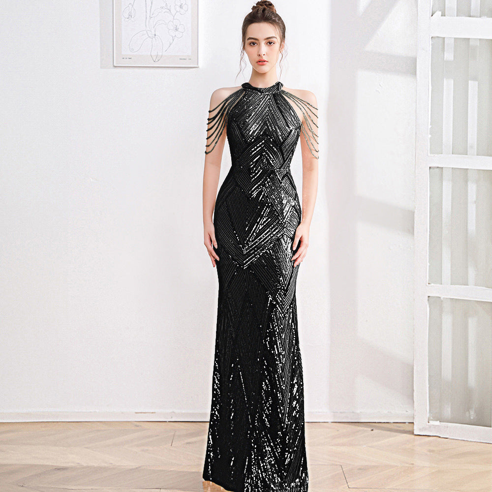 2025 High-end evening dress dress female fishtail champagne high-end texture celebrity fairy banquet temperament light luxury niche host