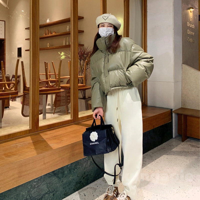jinran winter outfits men Wash-Free Leather Winter down Cotton-Padded Coat for Women New Stand Collar Short Thickened Small Bread Coat