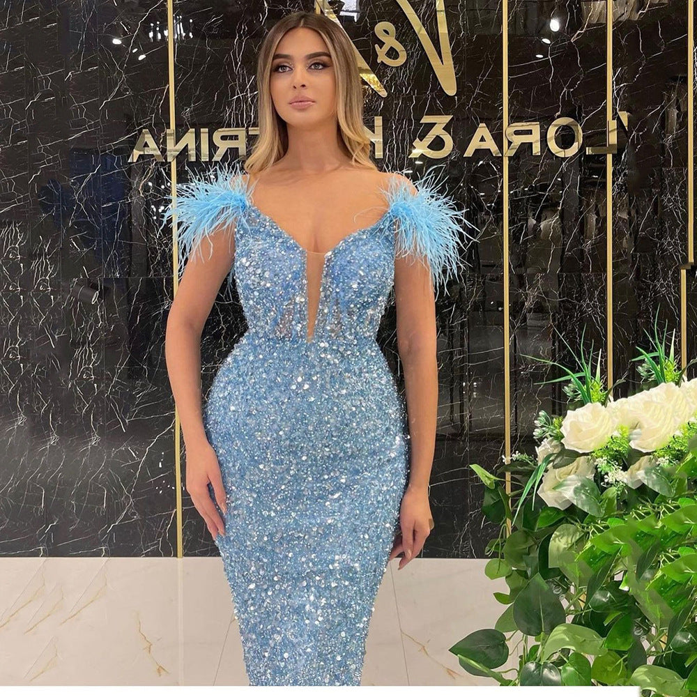 2025 New spring and summer new 2025 women's clothing deep V sequins sexy evening dress feather sequins sleeveless dress long dress
