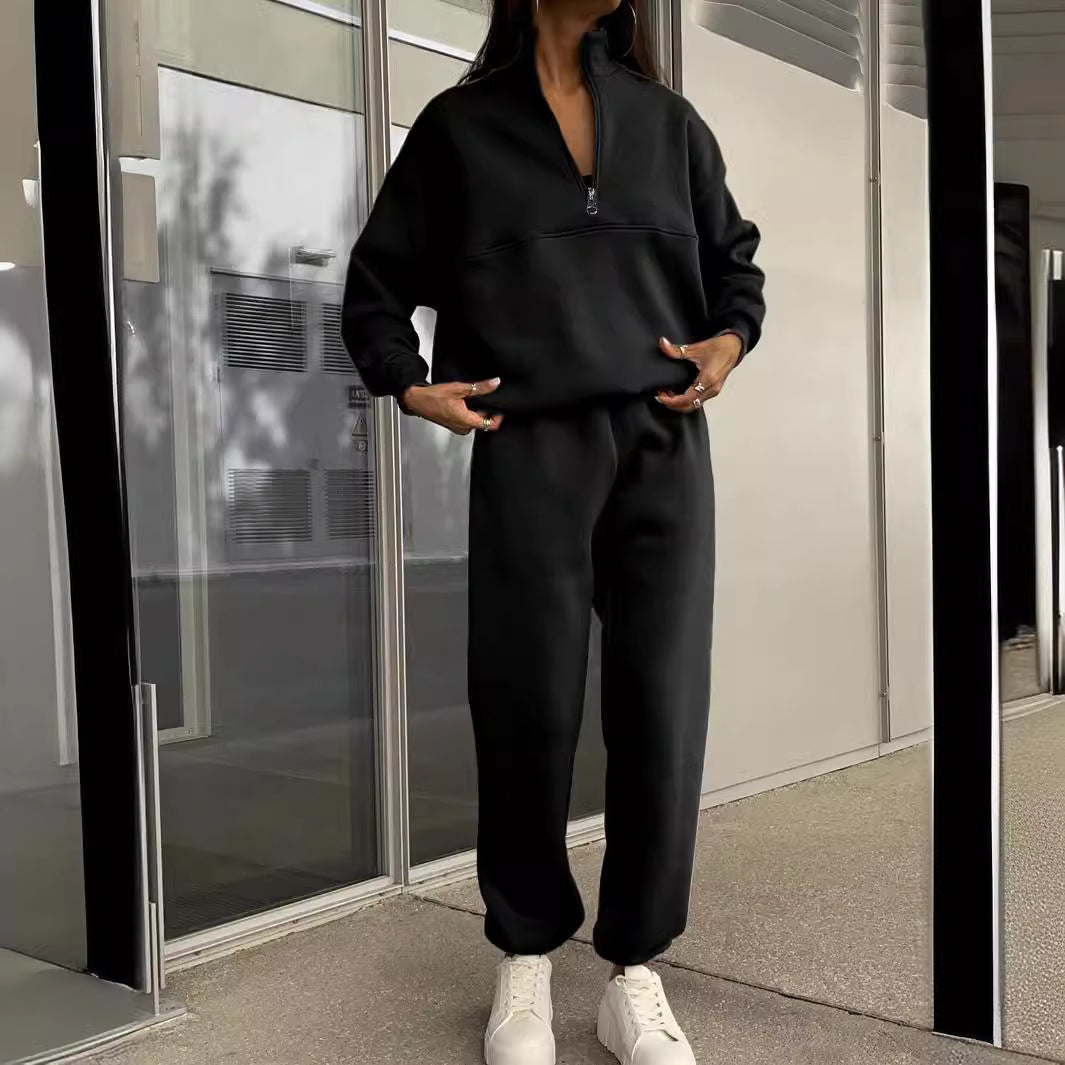 2025 Popular, , New autumn and winter new fashion zipper lapel solid color casual two-piece set