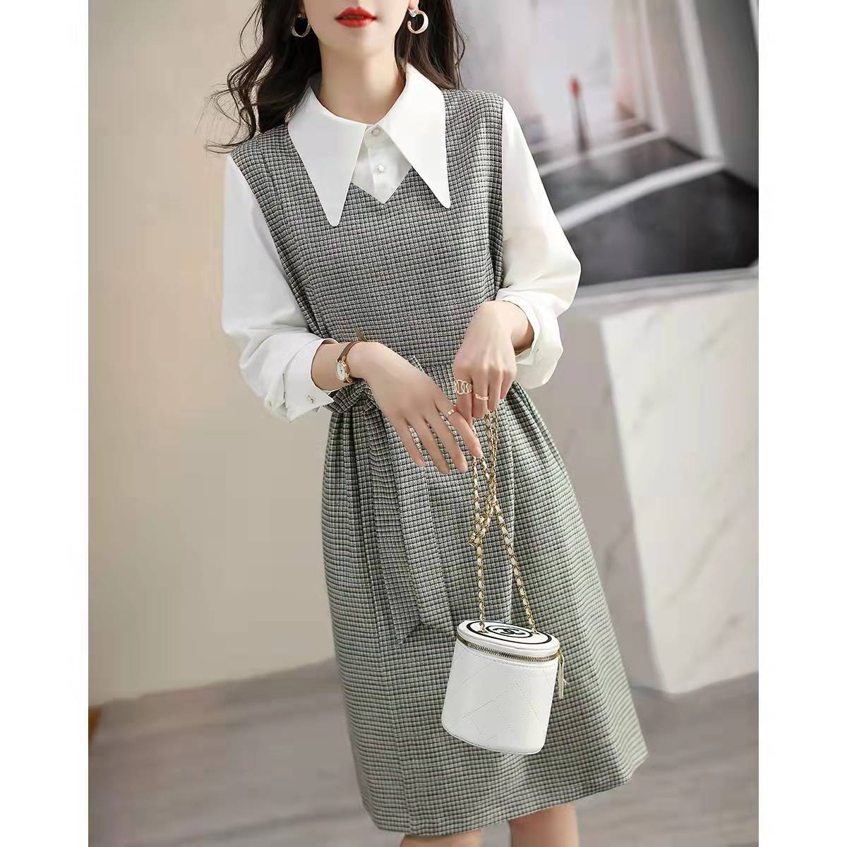 jinran business casual outfits for women Autumn New Commuter Elegant Socialite Age-Reducing Stitching Fake Two Pieces Dress Women