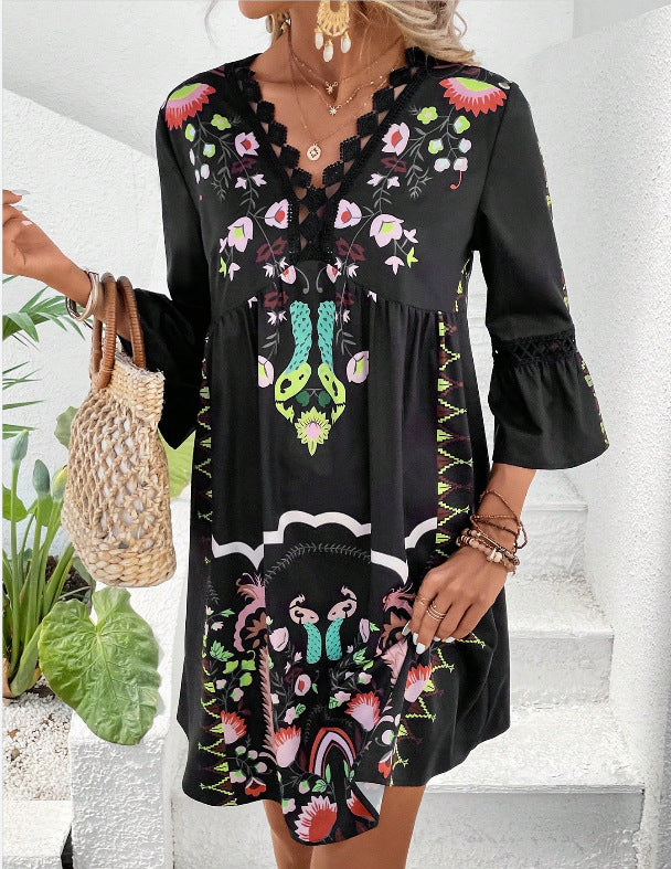 2025 Popular, , New women's clothing, summer new V-neck lace splicing casual versatile printed dress