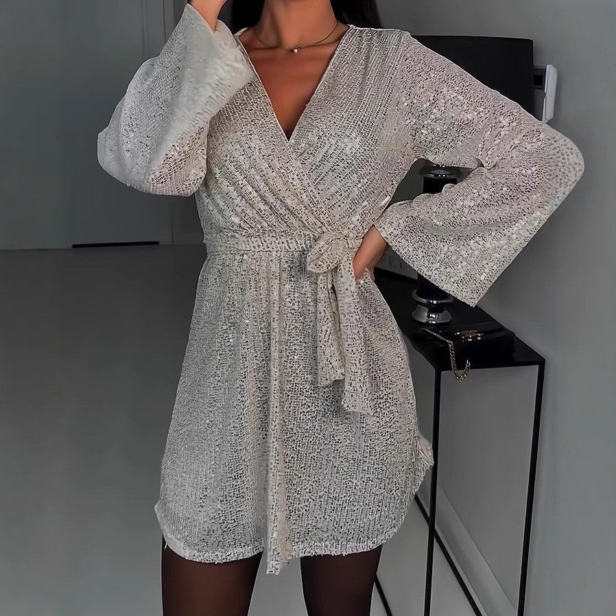 2025 Spring Clothing eBay New V-Neck Beaded Women's Dress Sequins Long Sleeve Dress Nightclub INS