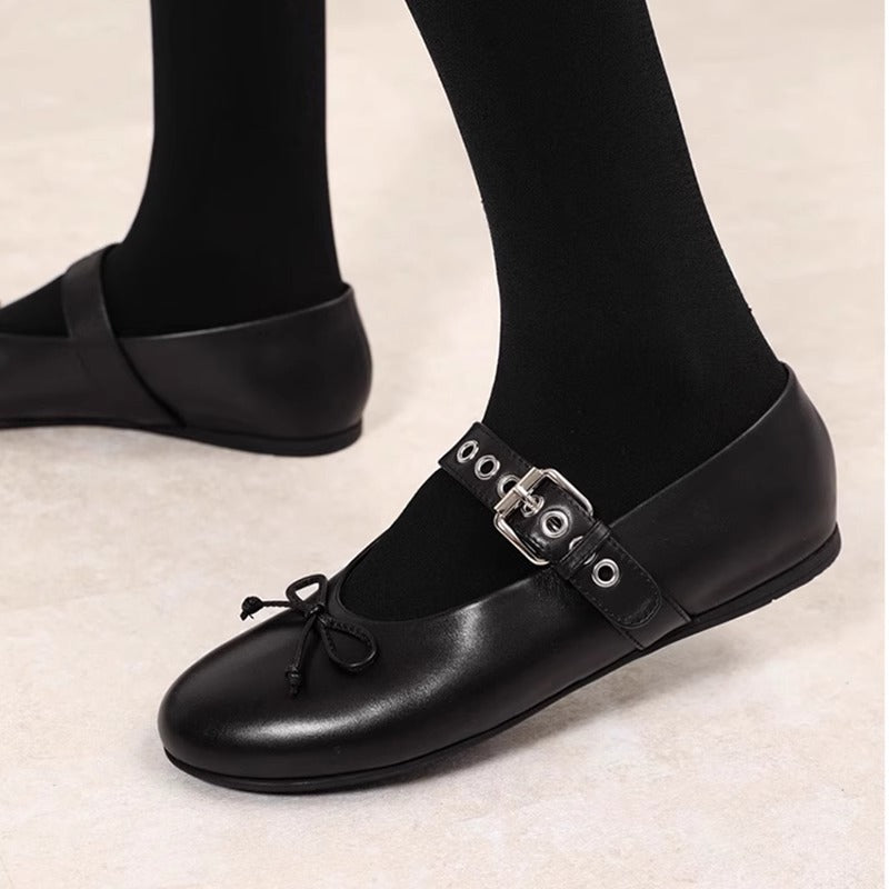 2025 Sheepskin version~ miu new bow ballet flats leather word belt Mary Jane single shoes women's shoes