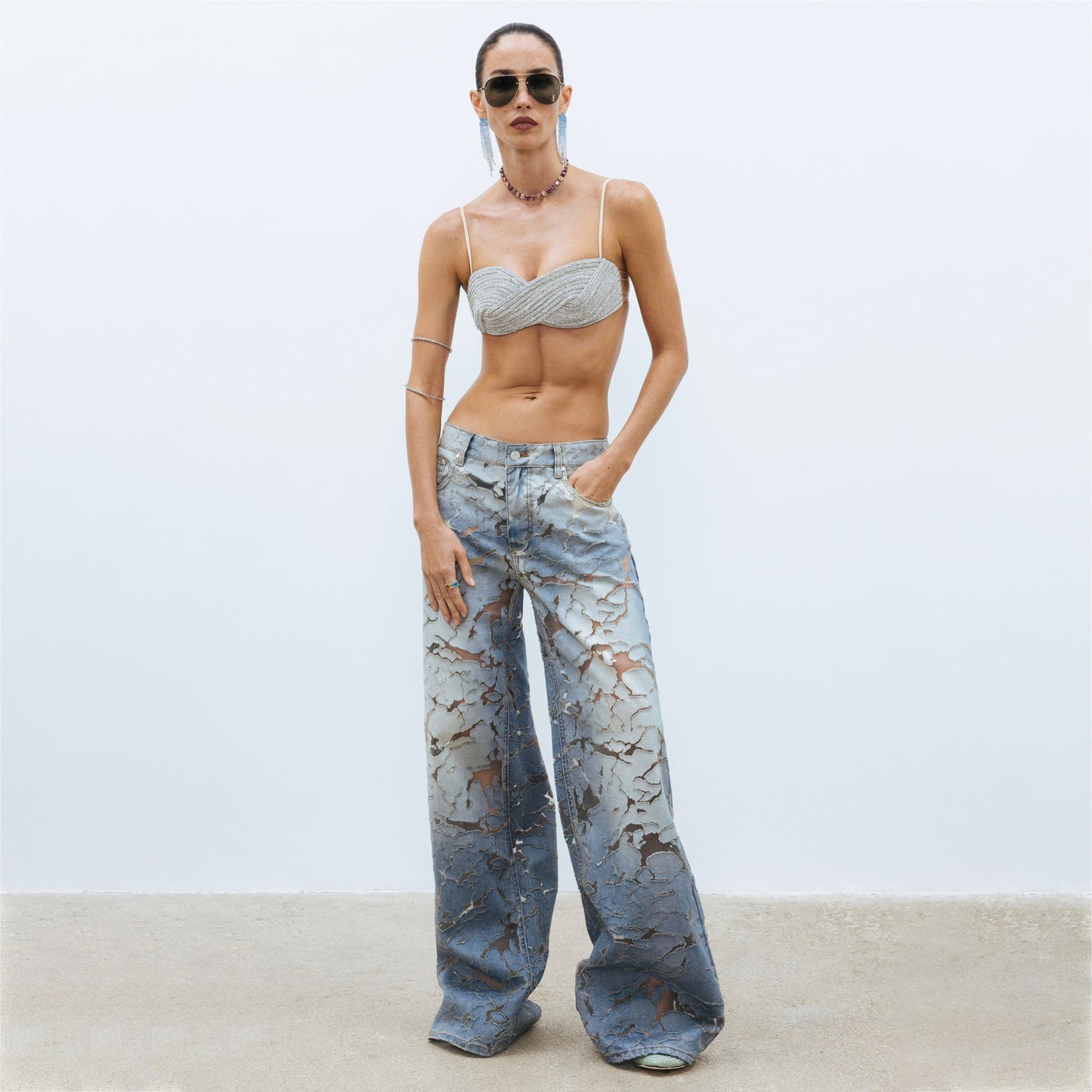 2025 n design sense burned flower hollow wide-leg jeans summer retro street style old pants denim wholesale