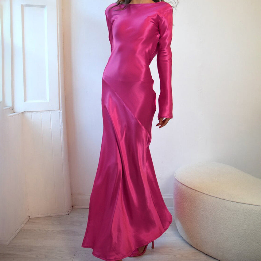 2025 Crew neck satin satin slim fit sexy split dress popular new spring fashion New wholesale women