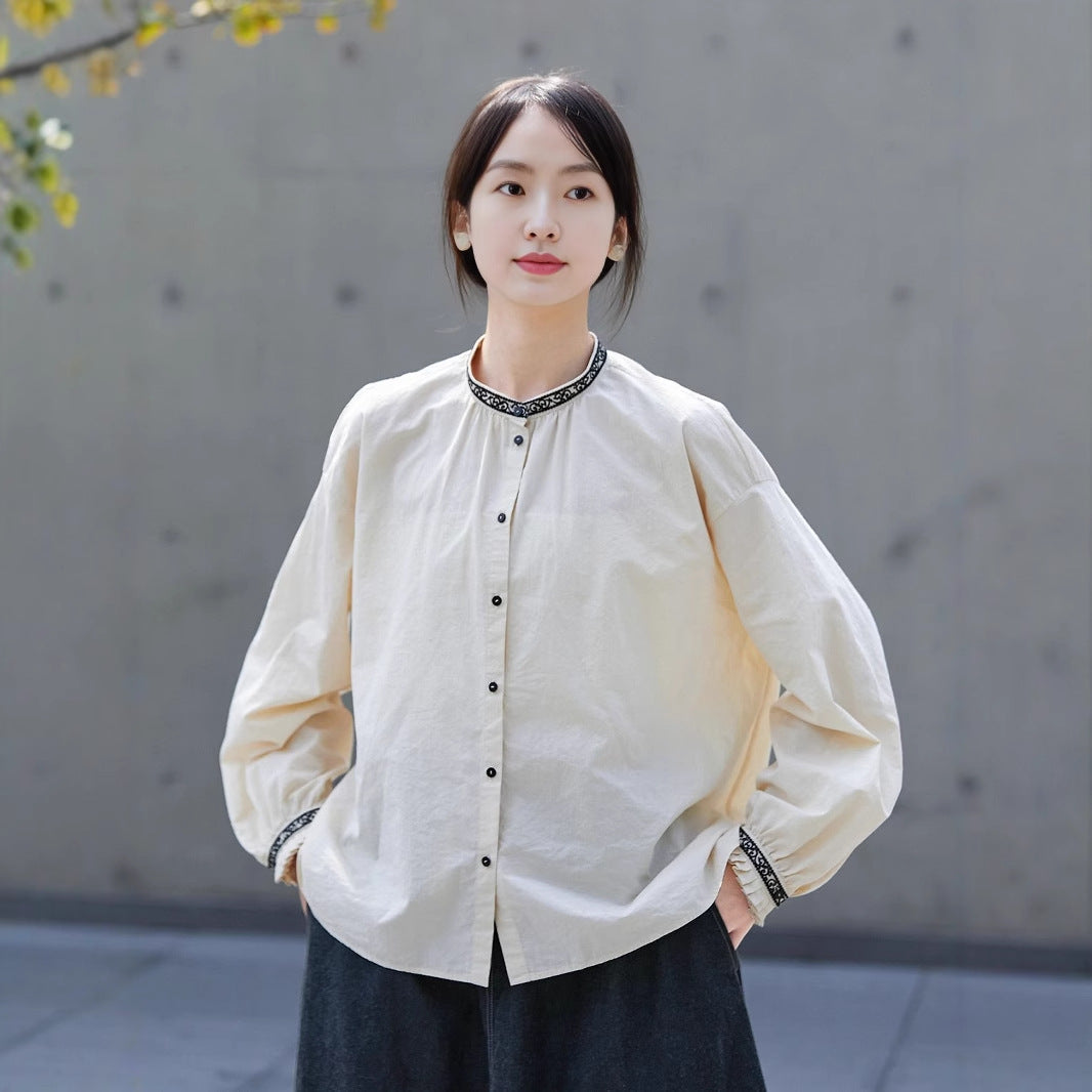 2025 Pistachio white shirt spring women's stand-up collar retro versatile embroidered long-sleeved women's shirt loose and casual inside B1036