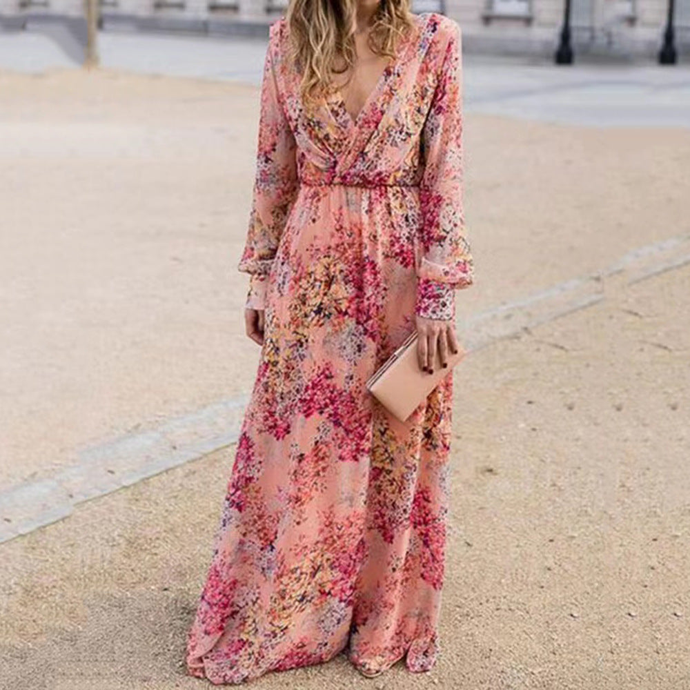 2025 Cross-border Summer New Women's Skirt Skinny Dress Sexy Neck Lace Printed Waist Pendulum Dress