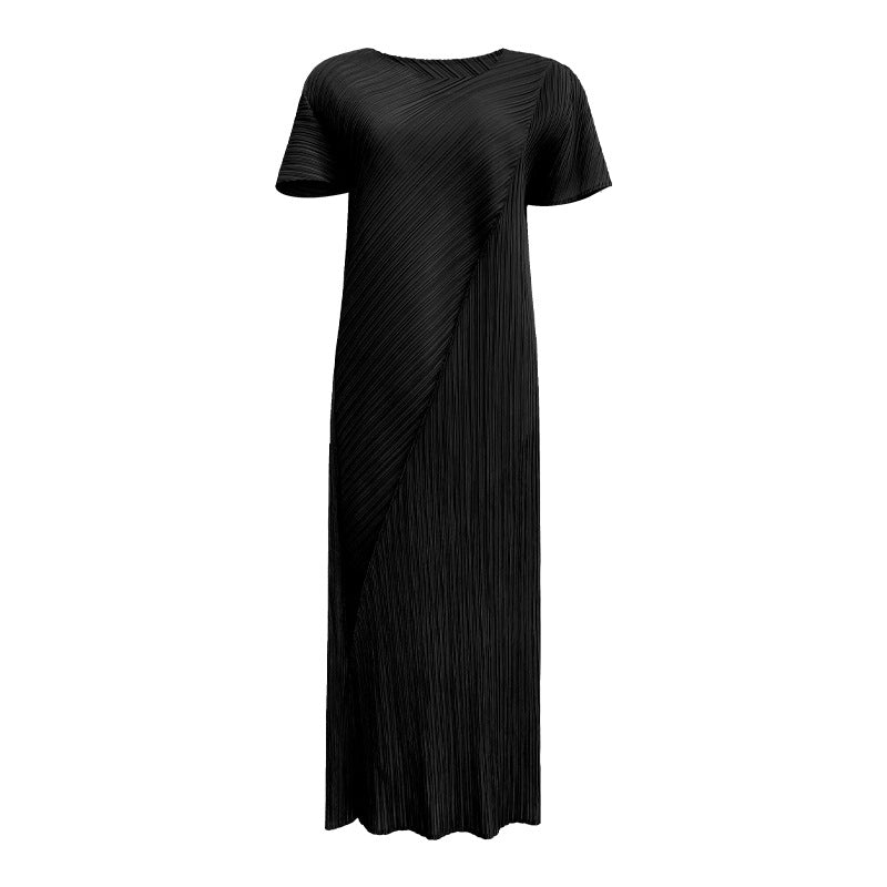 2025 spring new Miyake horn sleeve folding lace-up dress for women, thin solid color temperament personality medium and long dress for women
