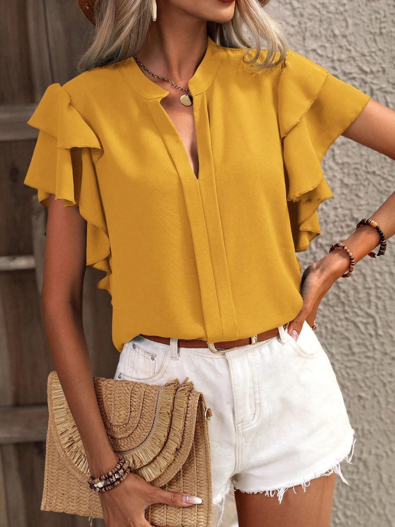 2025 Popular, , New women's clothing summer new V-neck casual double-layer lotus leaf sleeves solid color shirt and top