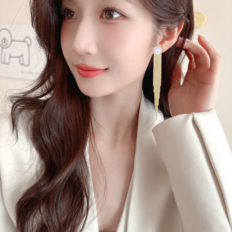 2025 欧美气质长款流苏珍珠耳环女s925银针小众设计感优雅百搭时尚耳饰