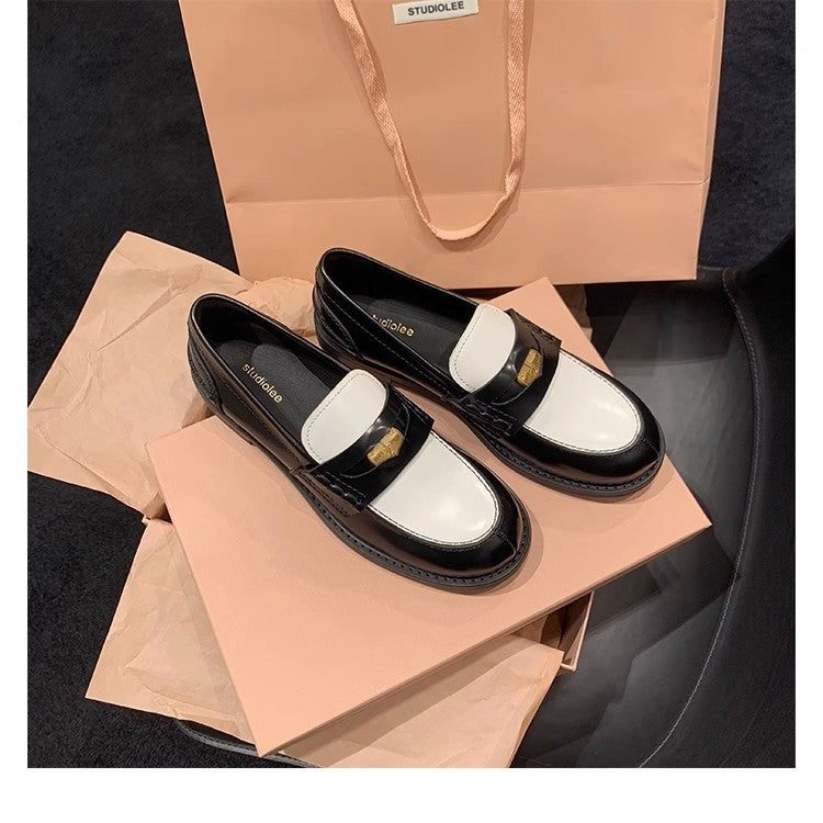 2025 Cowhide version~ Xingshengda shoes make old horse leather retro polished small gold coins thick heel loafers women's small leather shoes