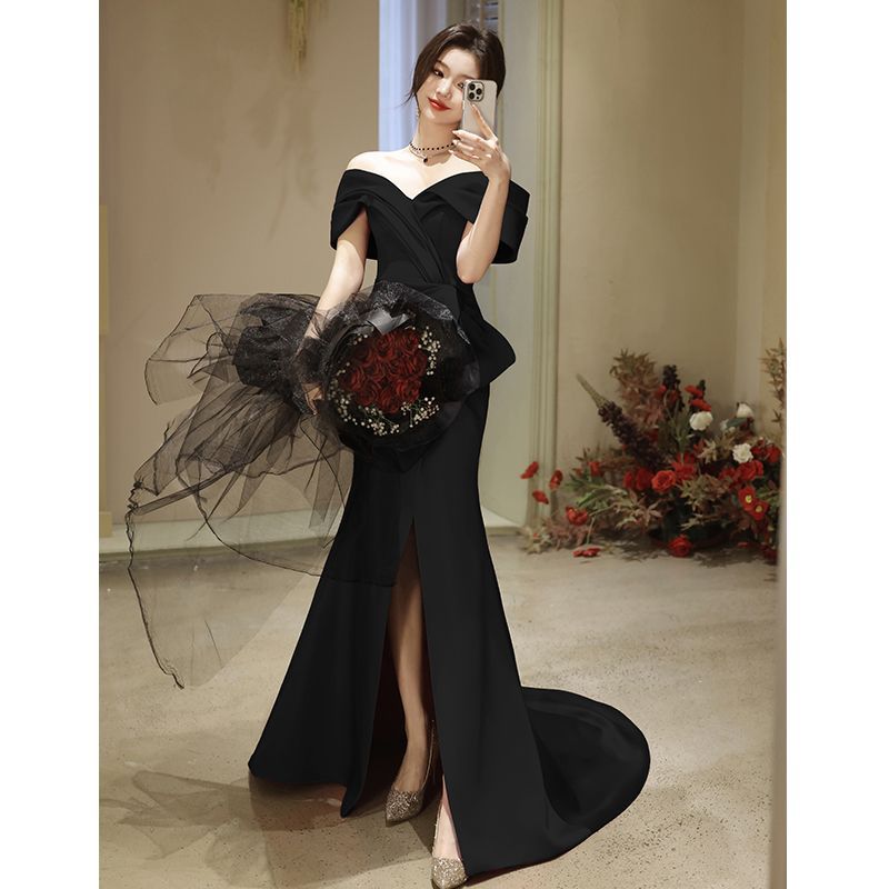 jinran Fishtail dress black evening dress light luxury 2024 new niche tail style banquet annual meeting host slim