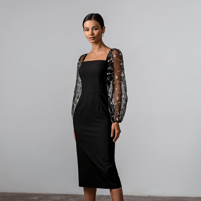 2025 spring casual sexy temperament mesh embroidery perspective square neck bubble sleeve dress New women's clothing