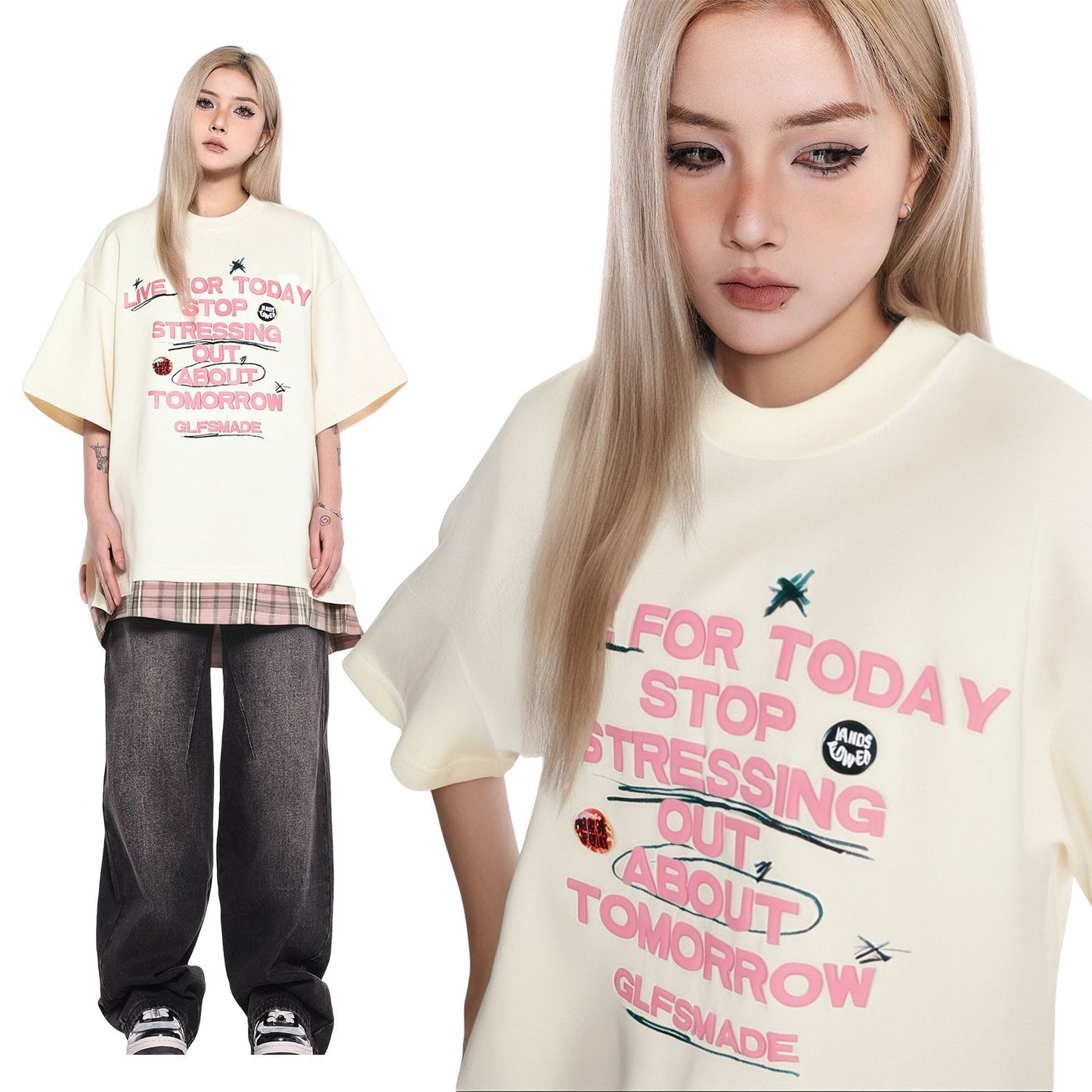 2025 JT961 2025n Street 2025 Summer Foam Print Premium Design Men's Loose Fake Two-piece Short Sleeve T-Shirt