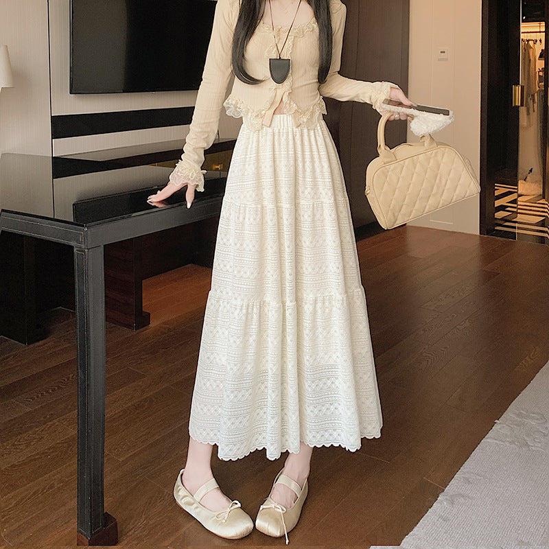 2025 Lace skirt new large size fat MM early spring lace splicing cake long skirt temperament a word big swing skirt