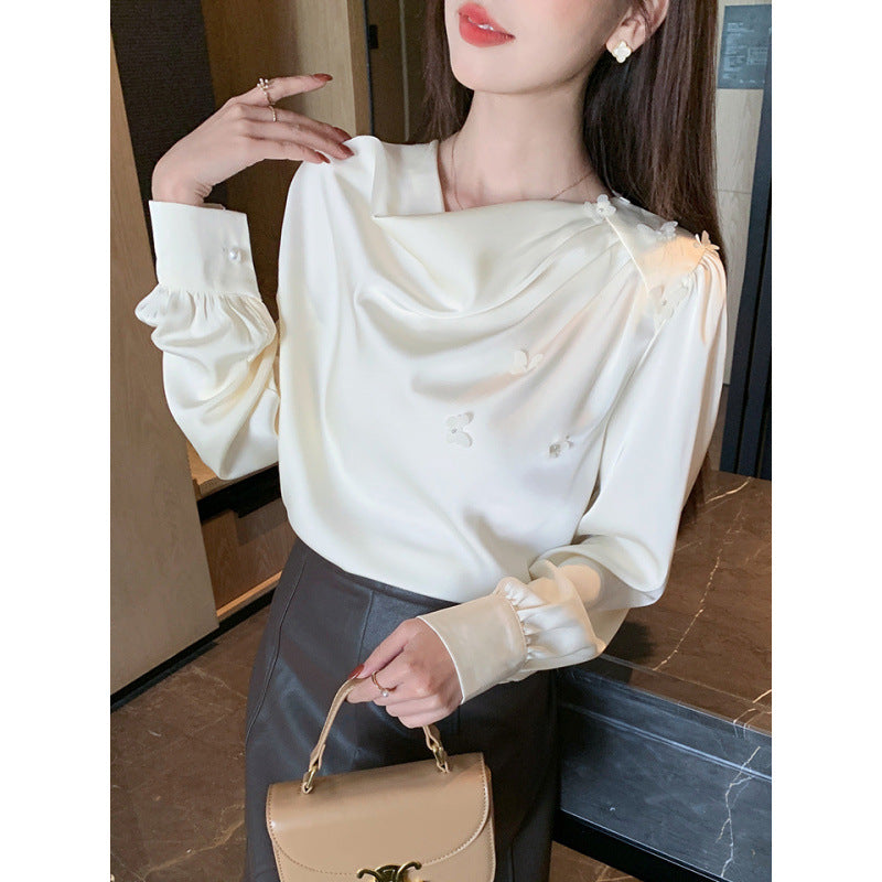 Bead design sense V-neck shirt women's 2025 spring long-sleeved thin professional commuting ol temperament interview top