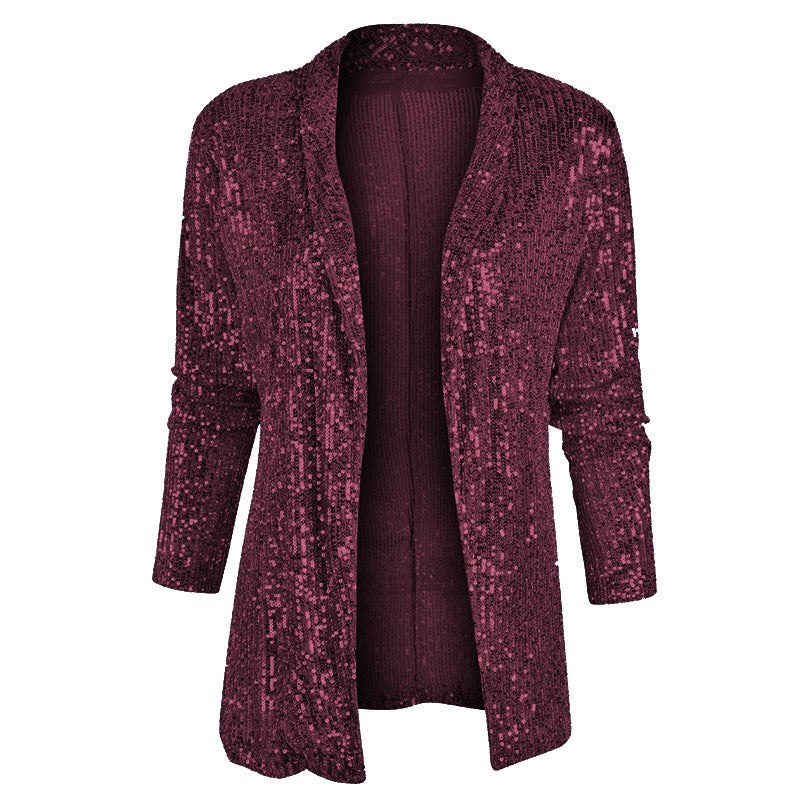 2025 spring New new 2025 sequined long-sleeved temperament medium and long small suit lapel coat