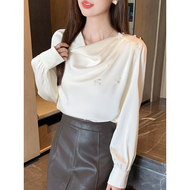 Bead design sense V-neck shirt women's 2025 spring long-sleeved thin professional commuting ol temperament interview top