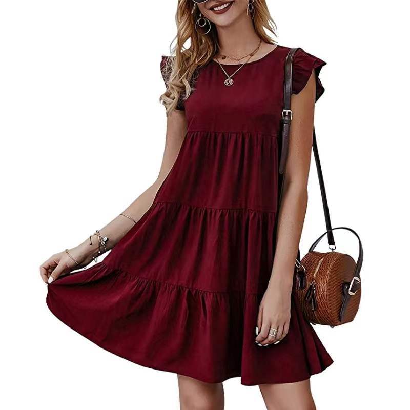 2025 Popular, , summer new solid color round neck short-sleeved dress casual cake skirt pleated pendulum skirt