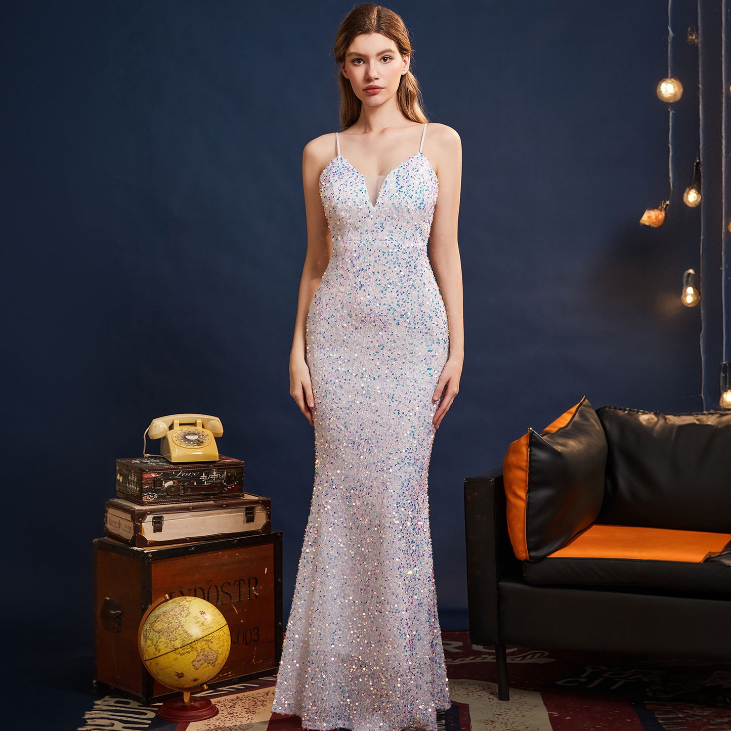 2025 Evening dress female high-end high-end celebrity style thin banquet temperament host sequined fishtail long dress