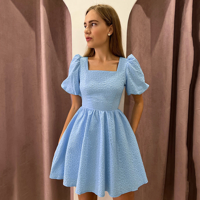 2025 summer new fashion square neck bubble sleeve short skirt design sense temperament jacquard dress women