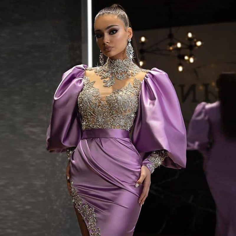 2025 New spring new 2025 women's evening dress sequined gold splicing dress temperament dress