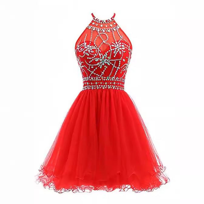 jinran dresses Slim-Fit Small Dress Halter Short Bridal Wedding Dress Banquet Evening Dress Lace New Red Women