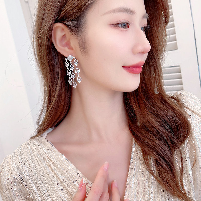 2025 Light luxury high-end water drop zircon fringed earrings femininity elegant bridal banquet dress versatile fashion earrings