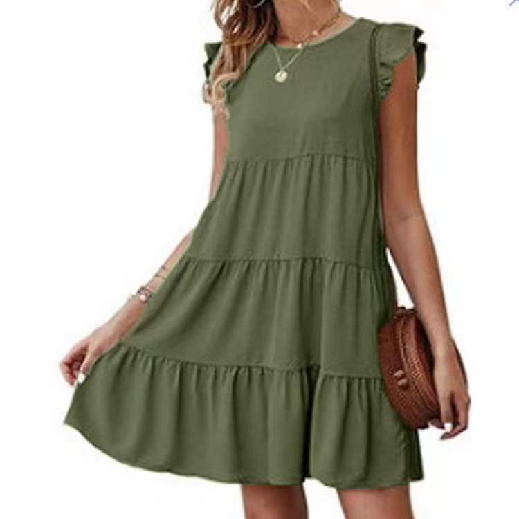 2025 Popular, , summer new solid color round neck short-sleeved dress casual cake skirt pleated pendulum skirt