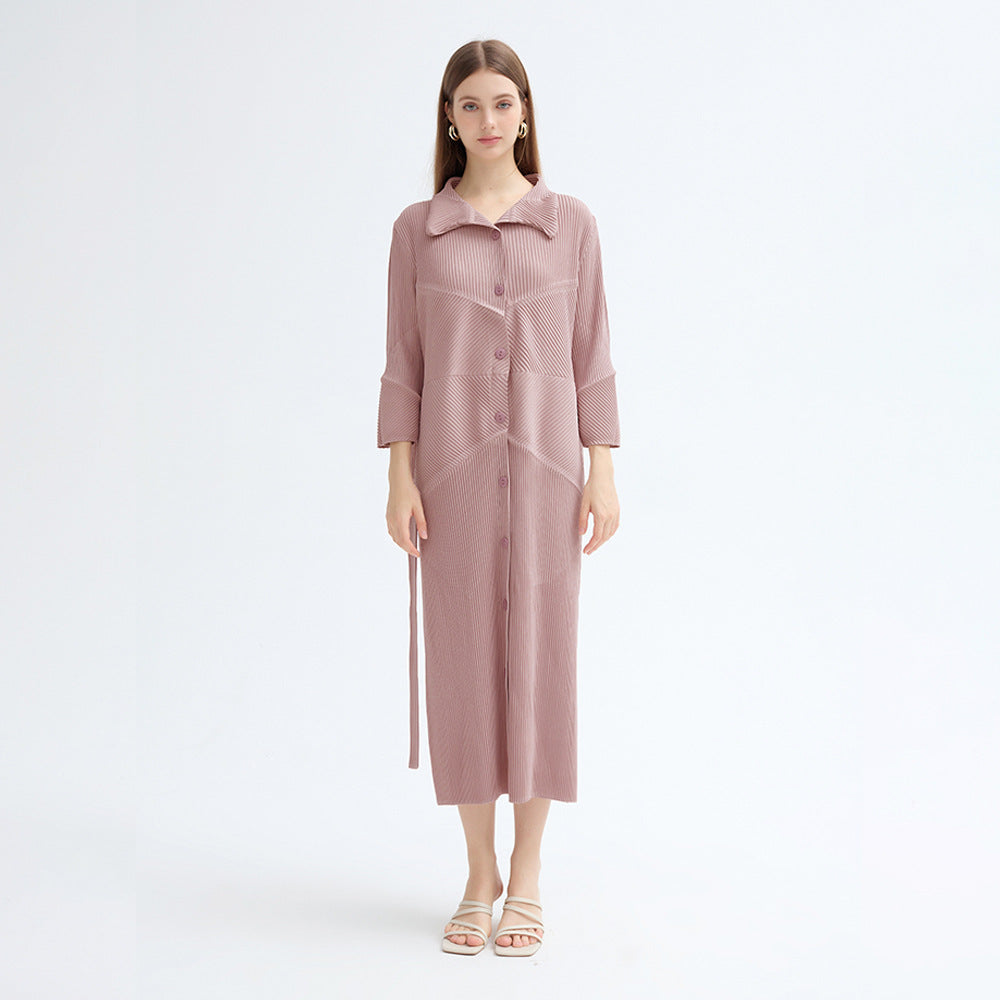 2025 spring new single-breasted long-sleeved lace-up dress medium and long Korean version simple loose pleated A-shaped skirt
