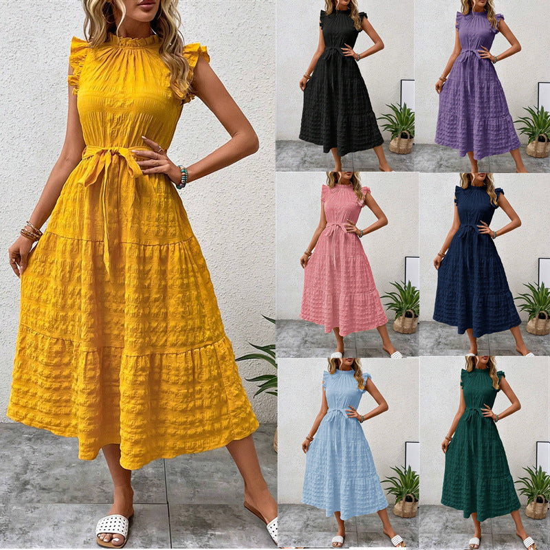 2025 Popular, , New women's clothing summer new fashion fungus edge flying sleeves lace-up textured dress
