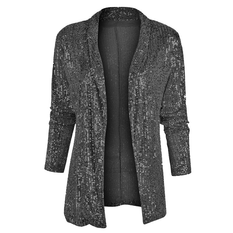 2025 spring New new 2025 sequined long-sleeved temperament medium and long small suit lapel coat