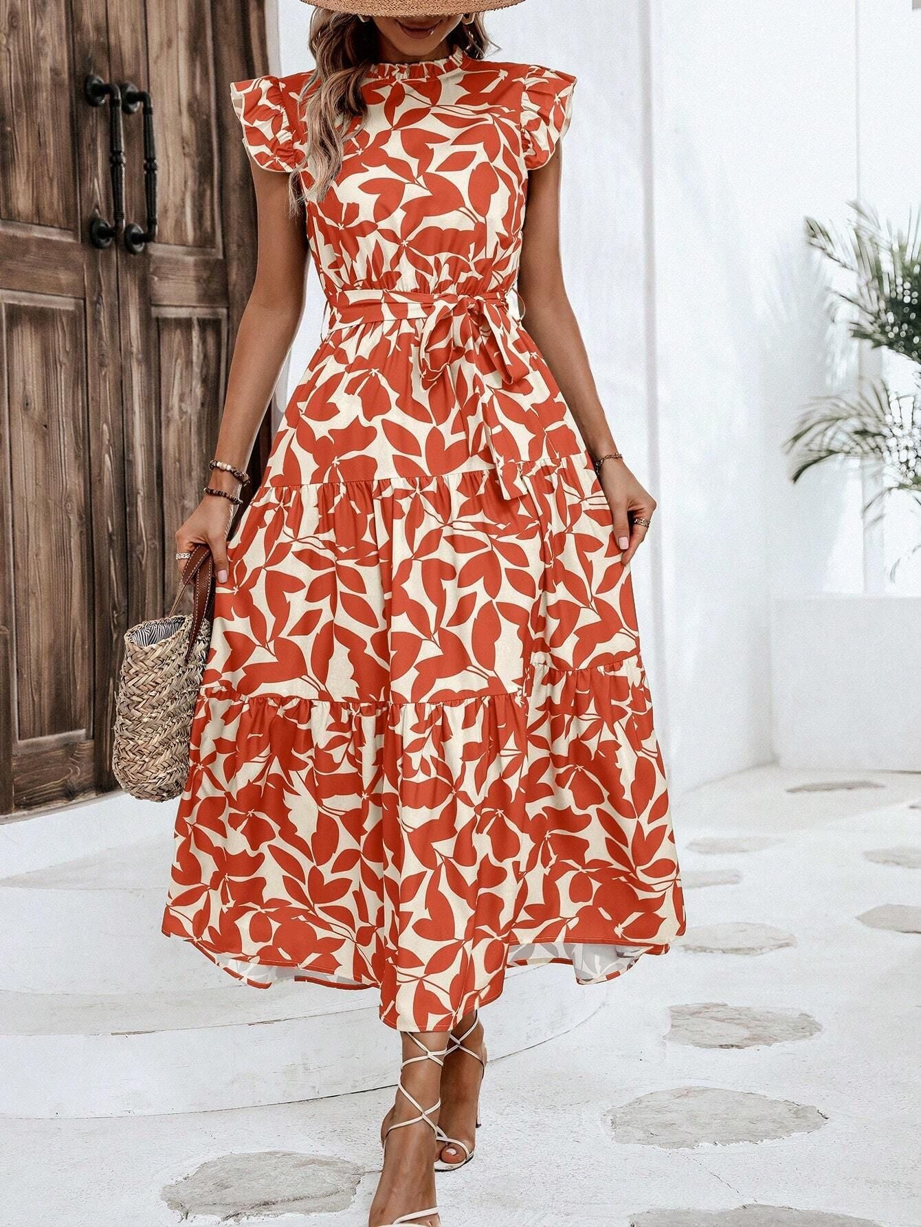 2025 Popular, , New women's clothing summer new fashion fungus edge flying sleeves lace-up printed fairy skirt