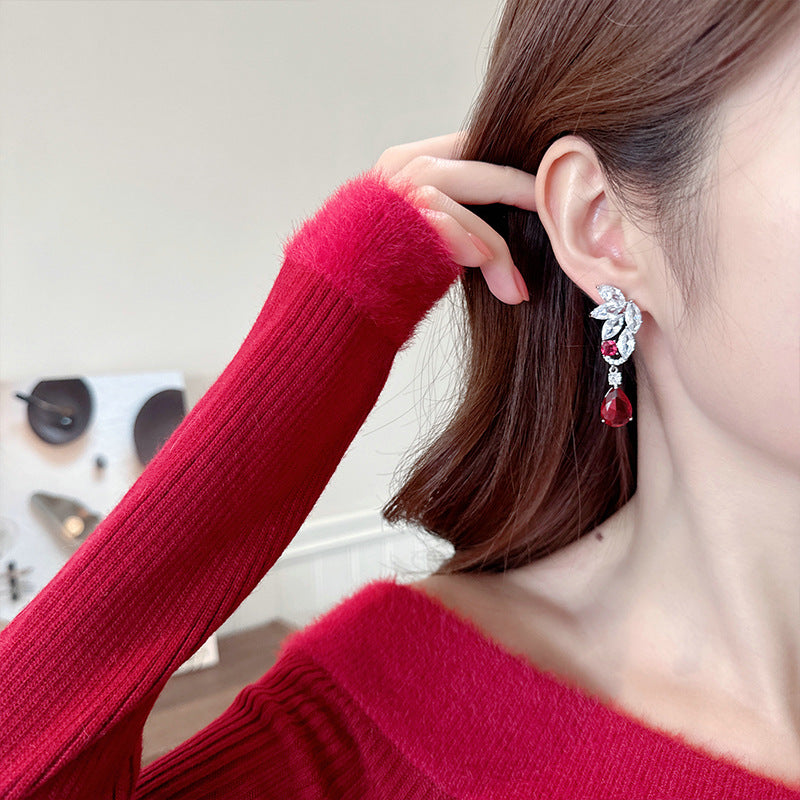 2025 Korean version of exquisite design sense luxury long colored treasure earrings water drop zircon temperament earrings dress dinner accessories