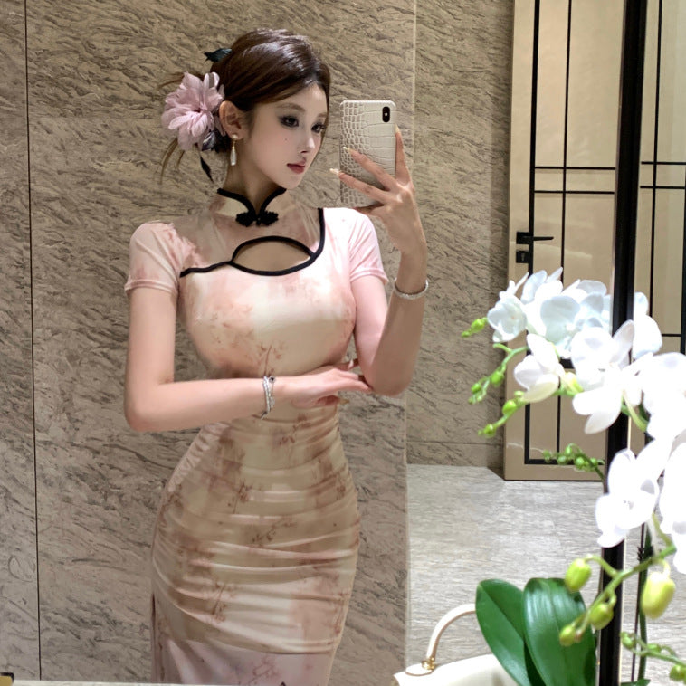 2025 Celebrity women's clothing spring and summer new new Chinese-style improved cheongsam fashion waist and thin dress slim Popular trade