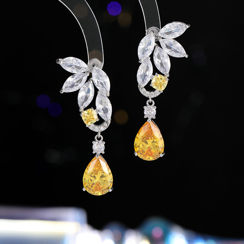 2025 Korean version of exquisite design sense luxury long colored treasure earrings water drop zircon temperament earrings dress dinner accessories