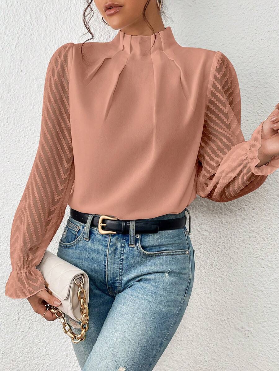 2025 popular Popular, , New women's clothing autumn and winter new semi-turtleneck splicing wavy chiffon long-sleeved top