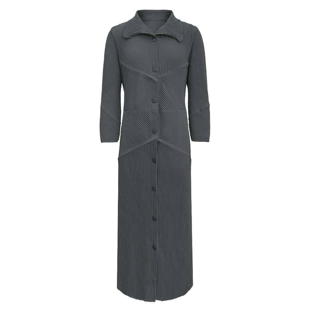 2025 spring new single-breasted long-sleeved lace-up dress medium and long Korean version simple loose pleated A-shaped skirt