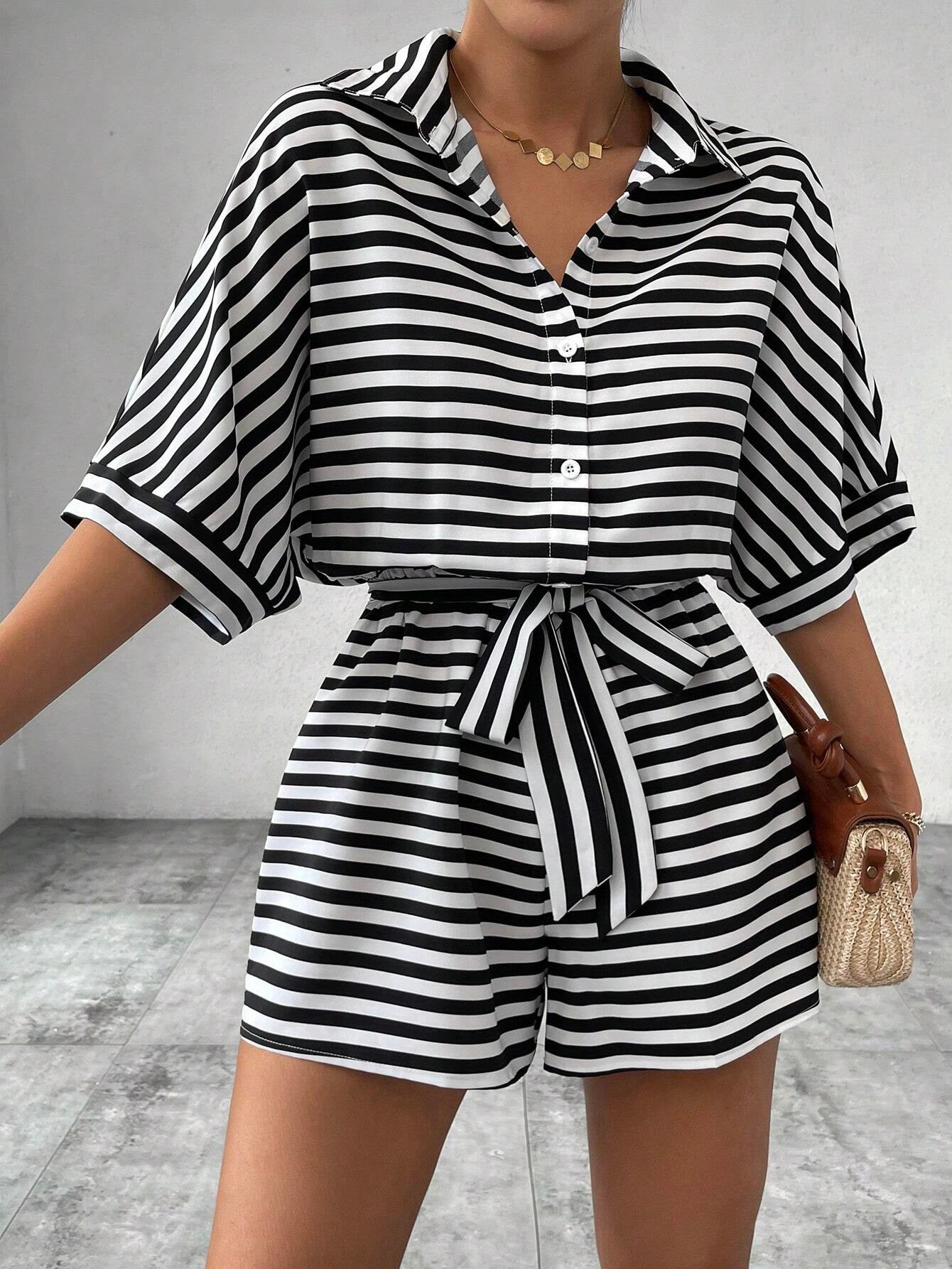 2025 spring and summer Popular trade New striped lapel cardigan button medium sleeve belt shorts set onesie women