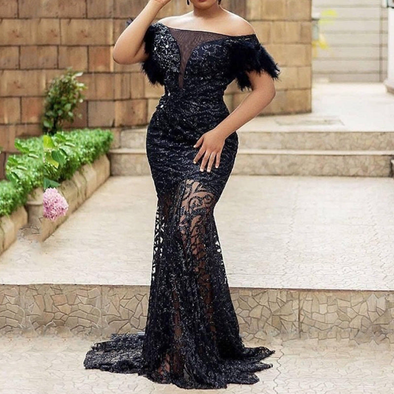 2025 new New 2025 women's clothing dress one-word shoulder sequins slim-fitting buttocks mermaid evening dress
