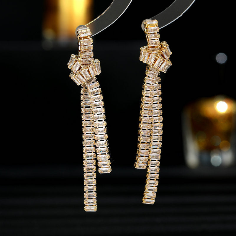 2025 New light luxury style high-end earrings rectangular zircon inlaid creative design knotted long tassel earrings