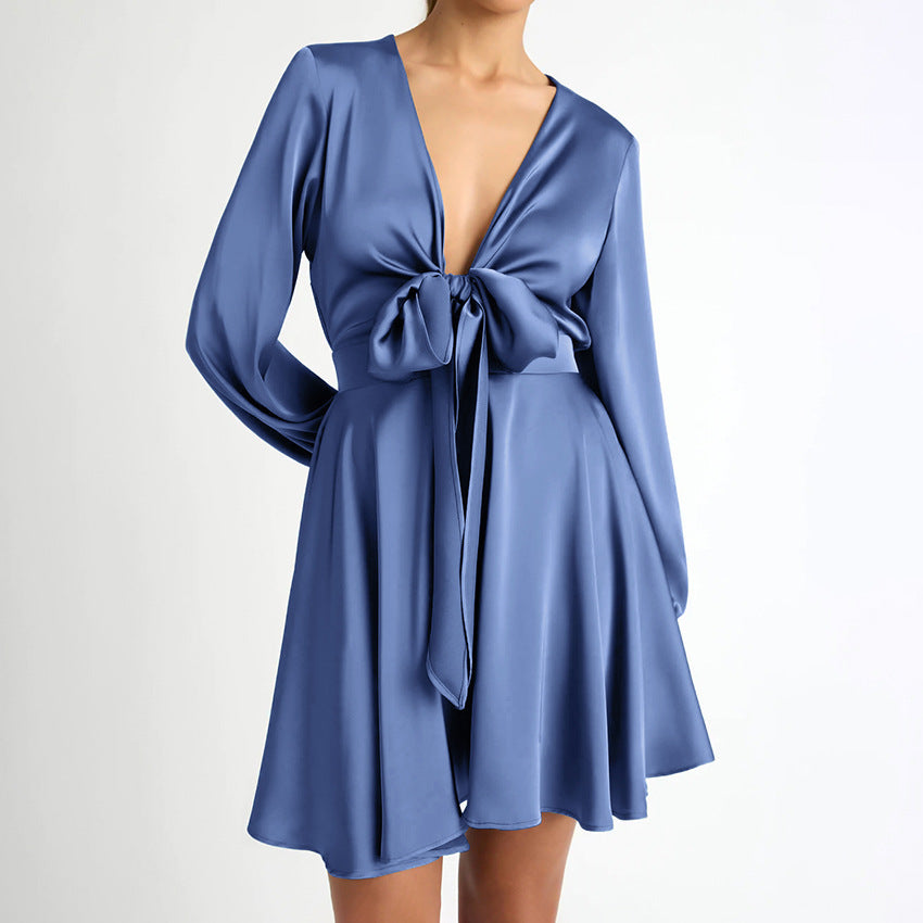 2025 fashion sexy V-neck lantern sleeve satin fabric dress loose long sleeve lace-up short skirt women's solid color