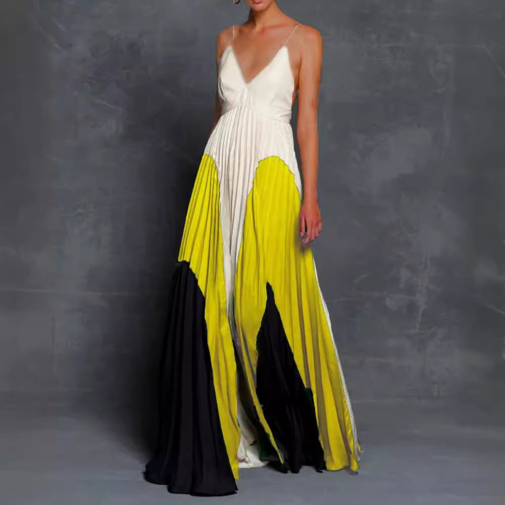 2025 New summer 2025 women's clothing wish digital printing slim and thin long color matching pleated suspender dress